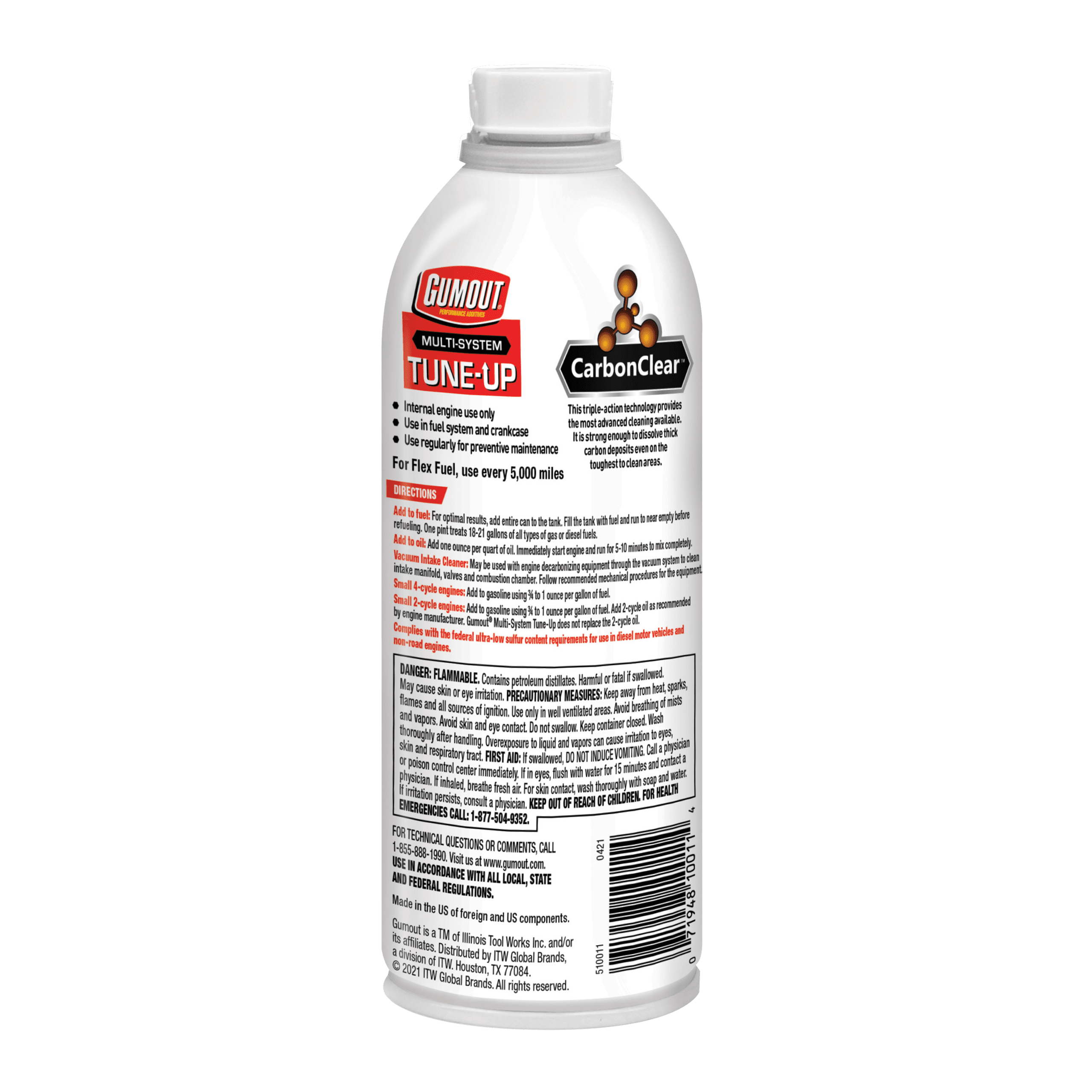 Gumout Tune-Up bottle with CarbonClear logo and red label on a white bottle surface.