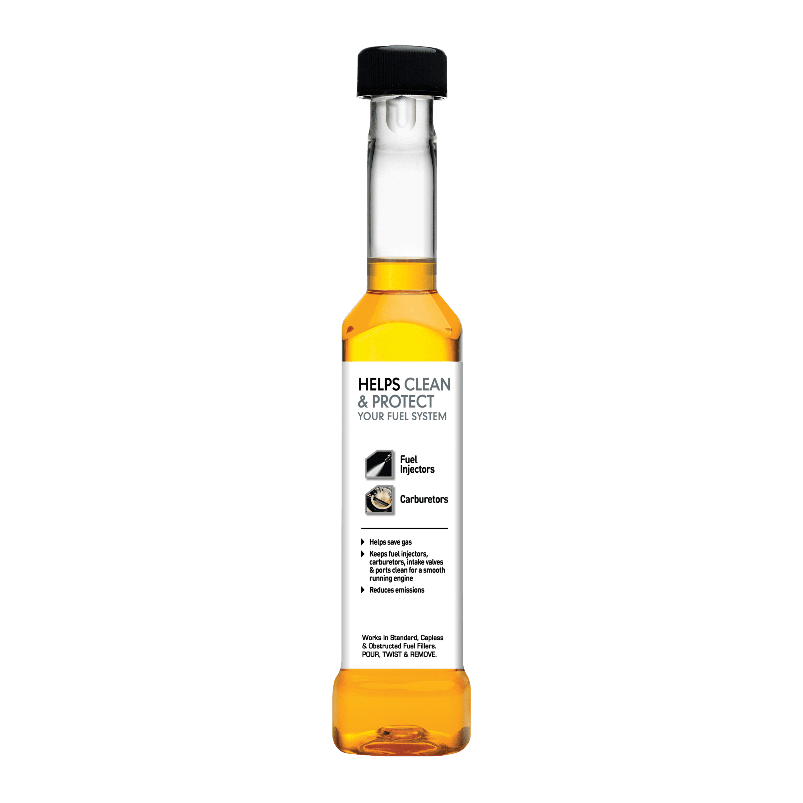 Close-up of an orange bottle with a black cap and a label stating 'Helps Clean & Protect Your Fuel System' as a fuel treatment product.
