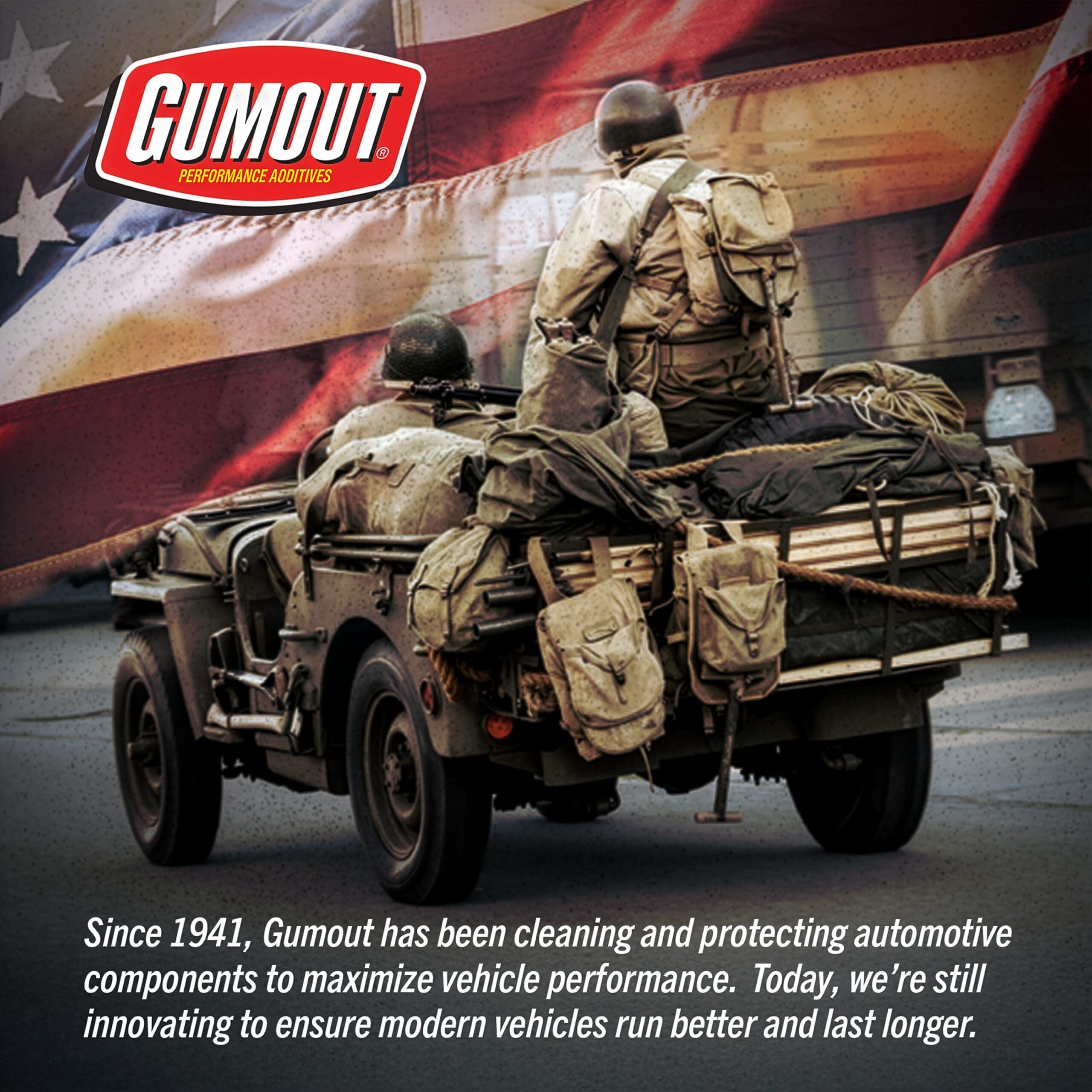 Gumout logo on a military-themed banner with soldiers examining a vehicle and a large text overlay in the foreground.