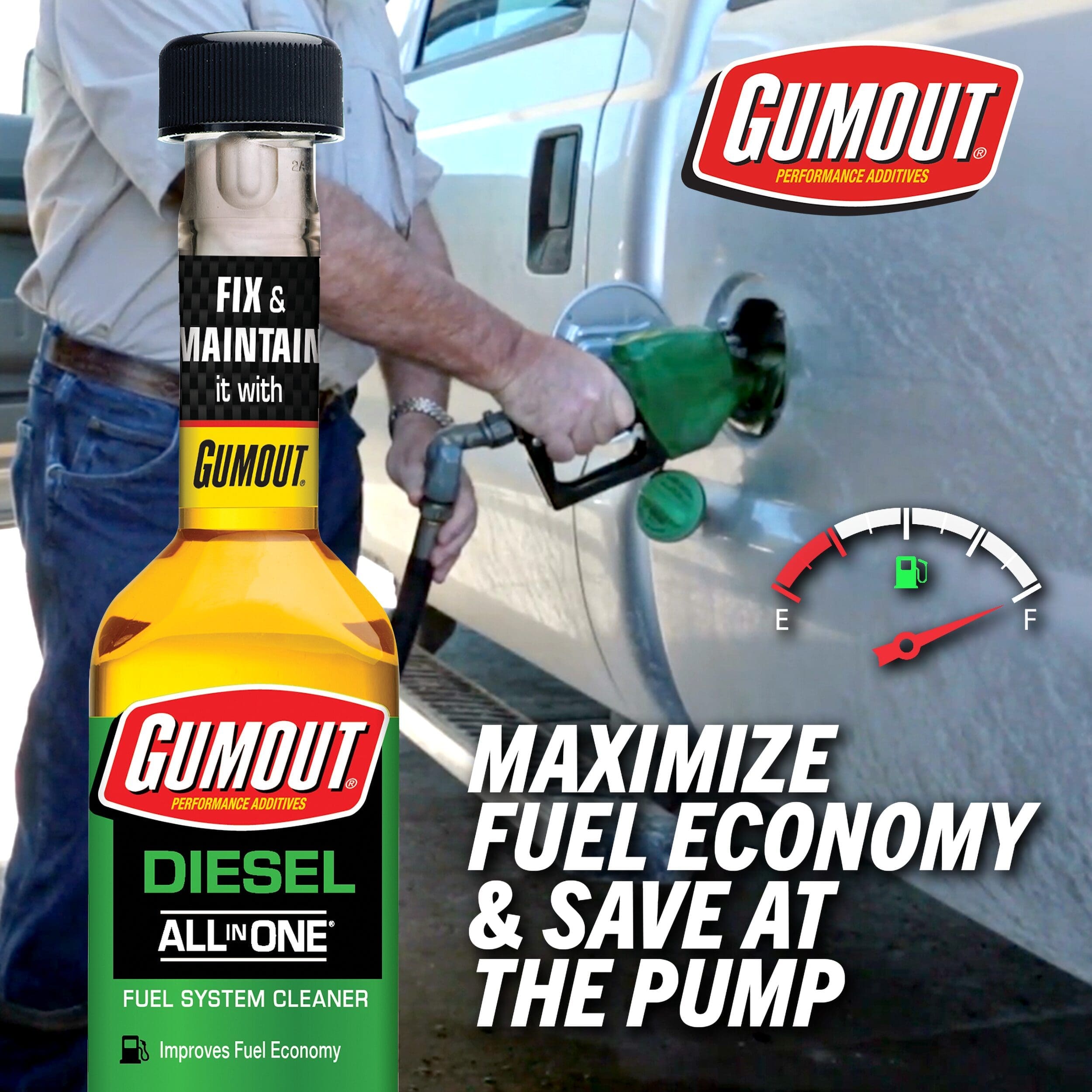 Gumout Diesel fuel system cleaner bottle in foreground while a person refuels a diesel truck, with the Gumout logo visible in the background and the slogan about maximizing fuel economy.