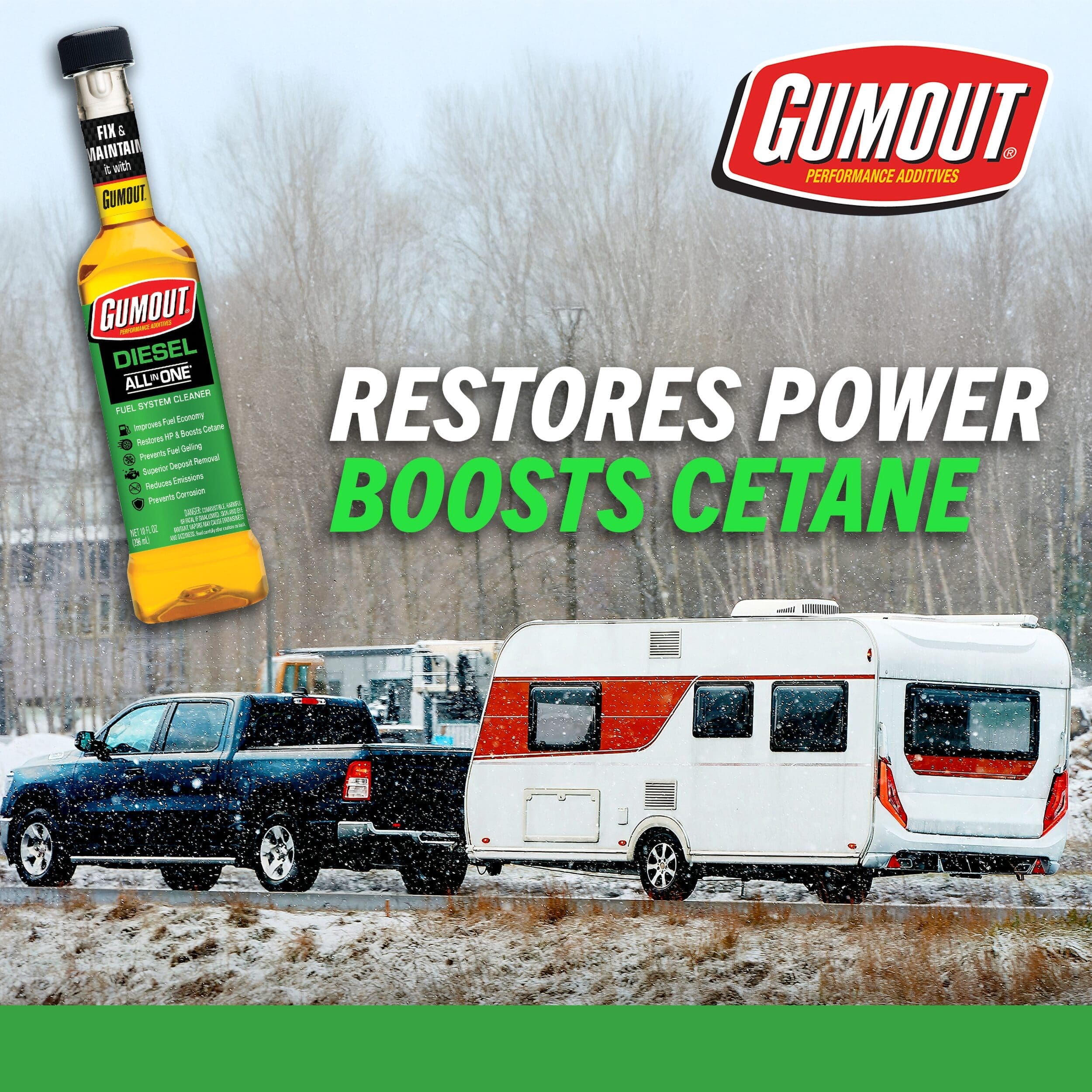Gumout Diesel All-in-One fuel additive bottle against a snowy roadside with an RV trailer and bold ad text about restoring power and boosting cetane.