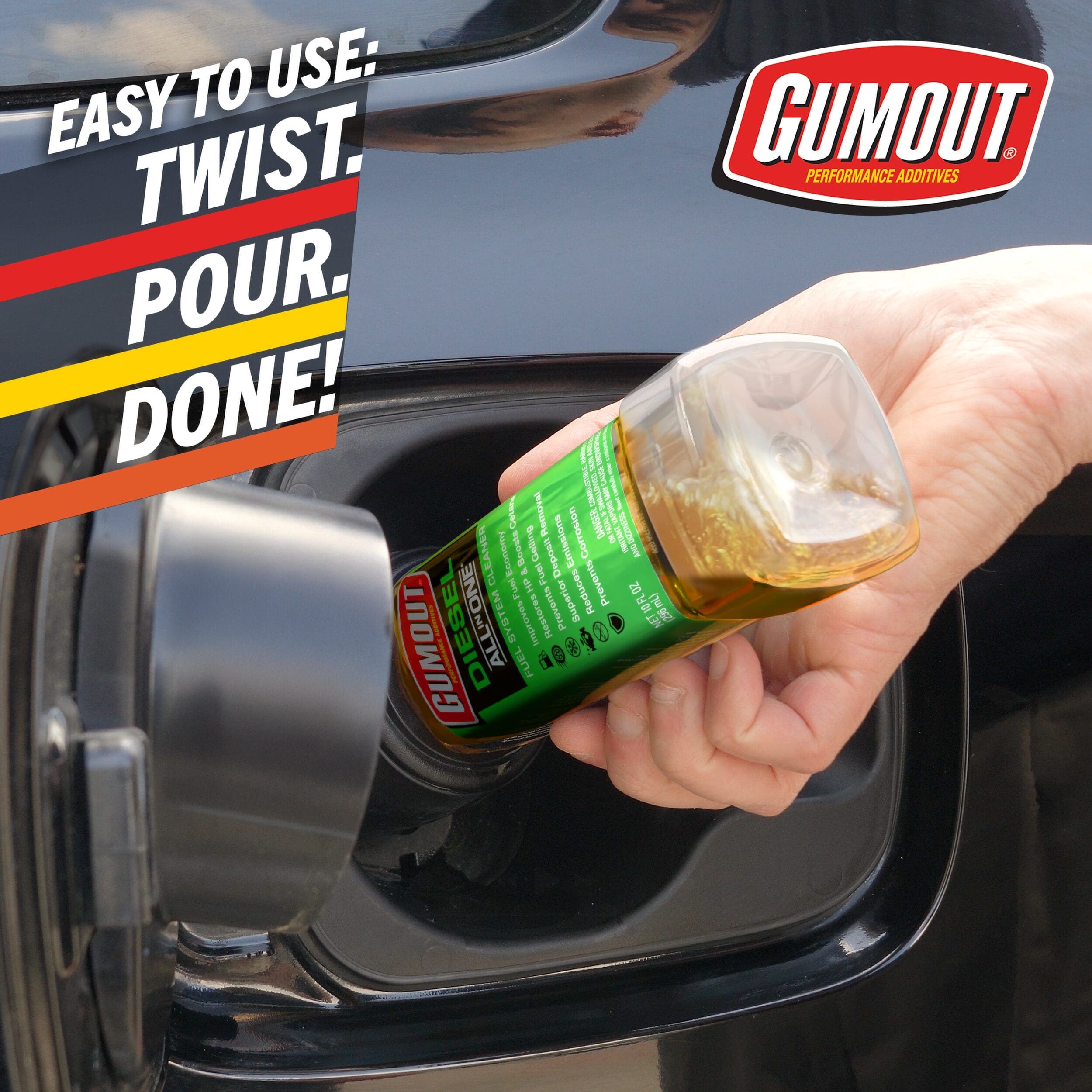 Hand pouring liquid from a green Gumout bottle into a car's gas tank opening; left side shows bold text 'Easy to use: Twist Pour Done!'